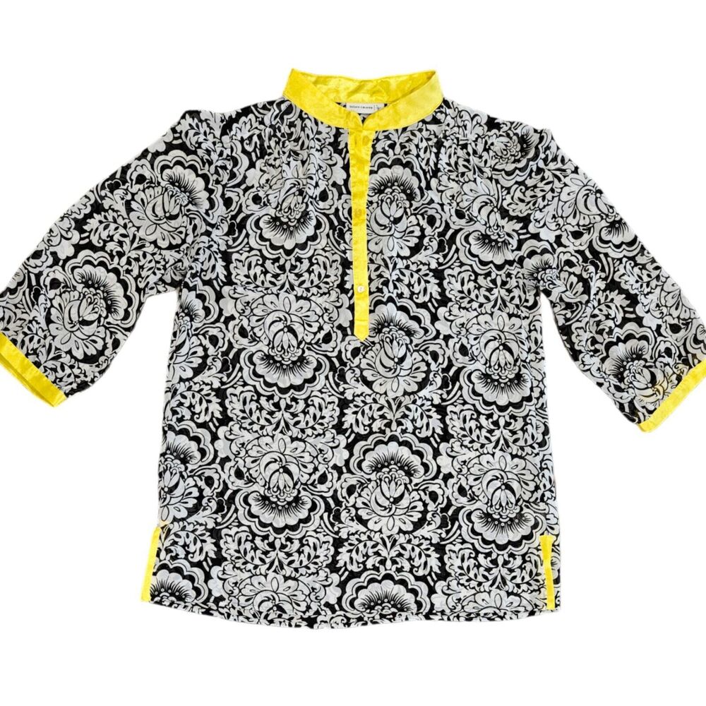 Suzan Graver Sheer Blouse Size S Black White Floral Boho Psychedelic Print